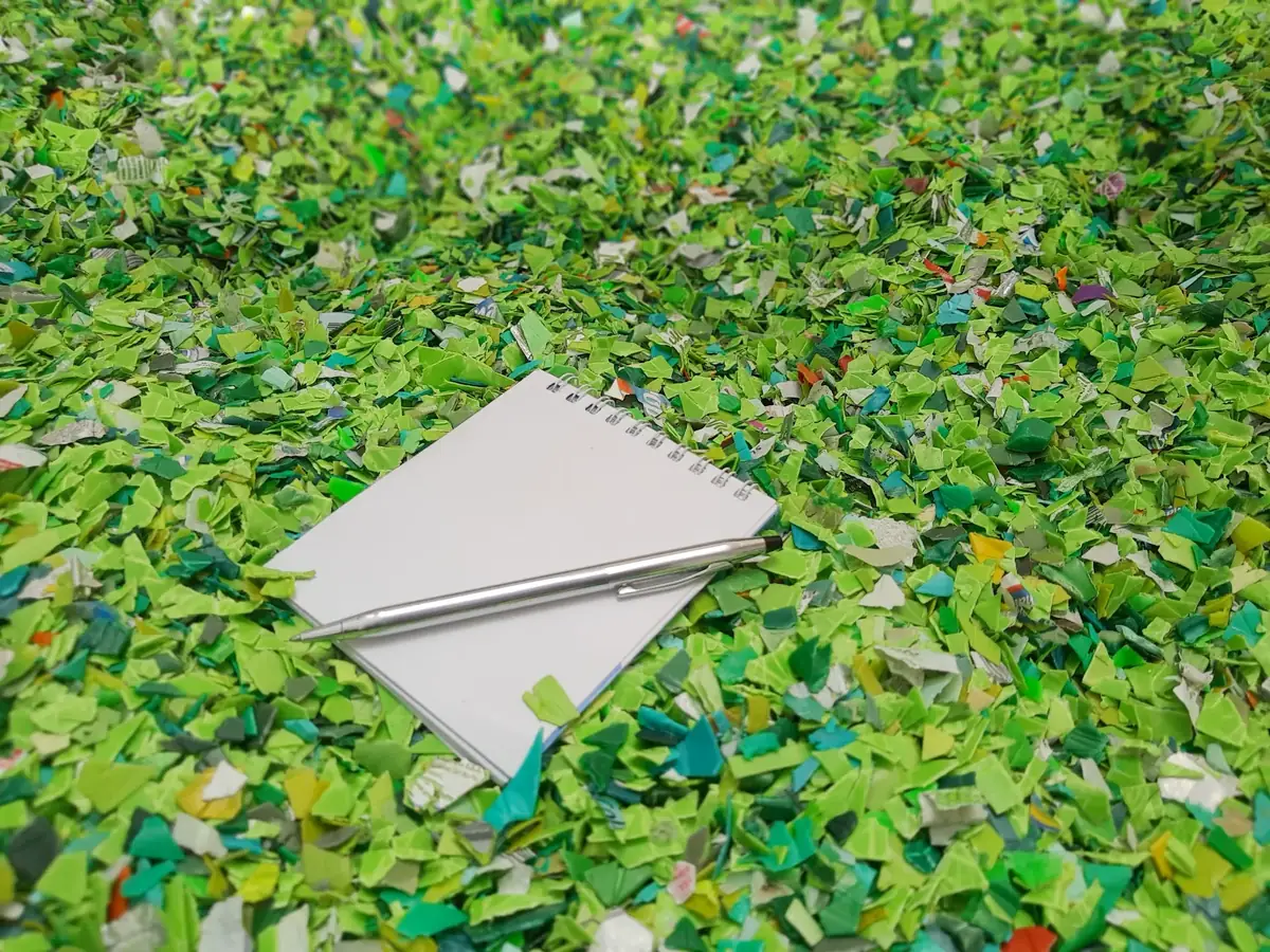 Libreta y esfero sobre material plástico molido, listo para aprovechamiento